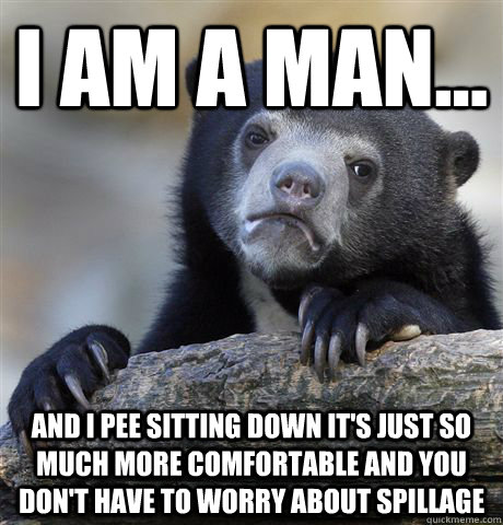 I am a man...  and i pee sitting down it's just so much more comfortable and you don't have to worry about spillage   Confession Bear