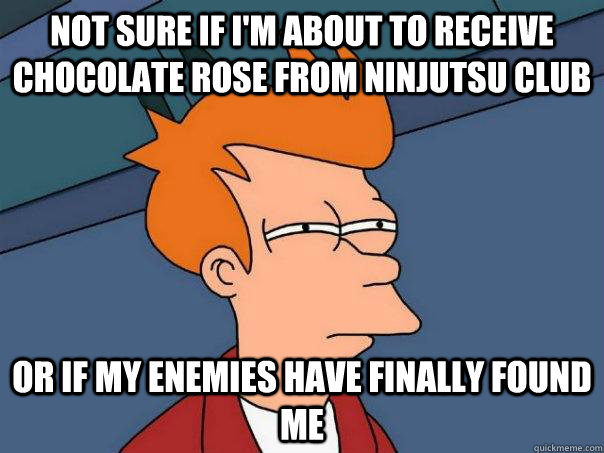 Not sure if I'm about to receive chocolate rose from Ninjutsu club Or if my enemies have finally found me  Futurama Fry