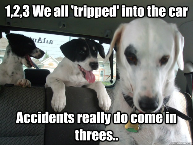 1,2,3 We all 'tripped' into the car Accidents really do come in threes..  