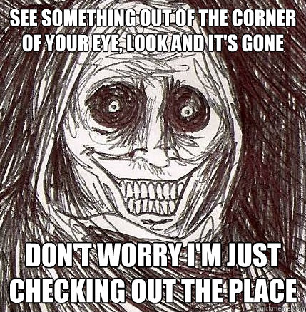 See something out of the corner of your eye, look and it's gone don't worry i'm just checking out the place  Horrifying Houseguest