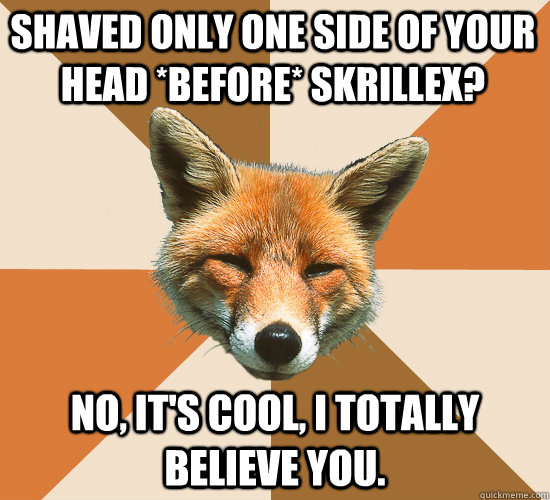 Shaved only one side of your head *before* skrillex? No, it's cool, I totally believe you.  Condescending Fox