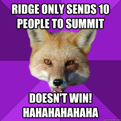 ridge only sends 10 people to summit doesn't win! hahahahahaha  Forensics Fox