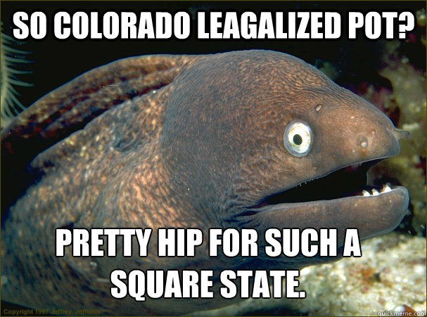 So Colorado leagalized pot? Pretty hip for such a square state.  Bad Joke Eel