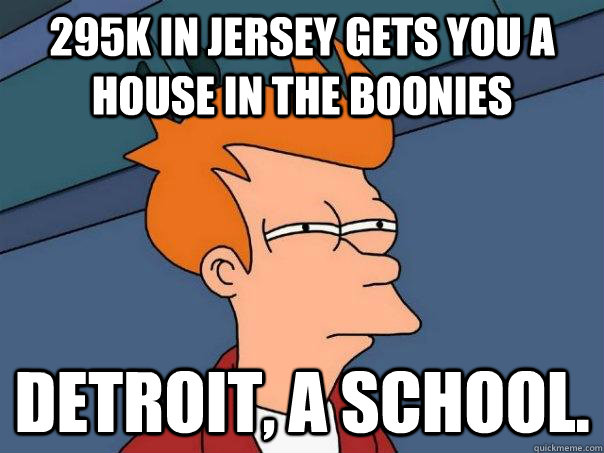 295K in Jersey gets you a house in the boonies Detroit, a school.  Futurama Fry