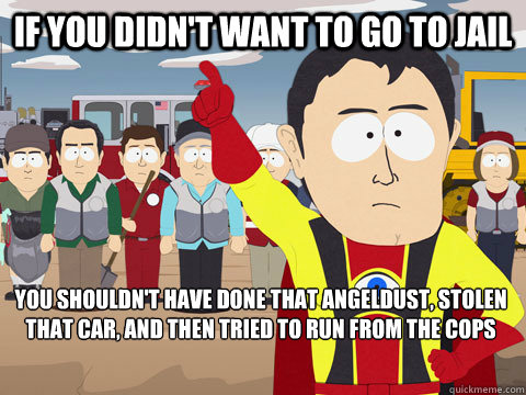 If you didn't want to go to jail You shouldn't have done that angeldust, stolen that car, and then tried to run from the cops - If you didn't want to go to jail You shouldn't have done that angeldust, stolen that car, and then tried to run from the cops  Captain Hindsight