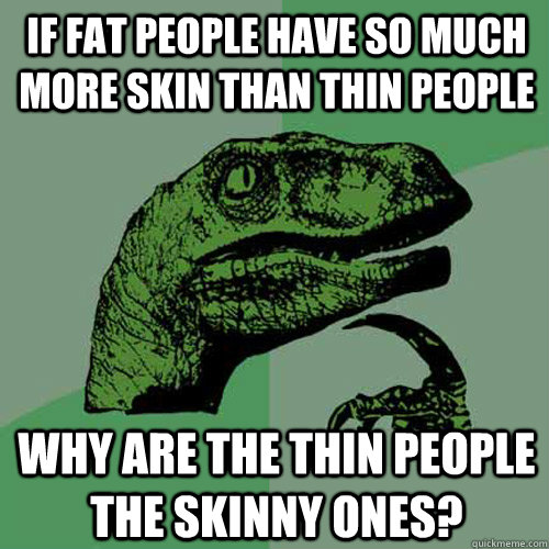 If fat people have so much more skin than thin people Why are the thin people the skinny ones?  Philosoraptor