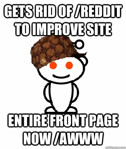 Gets rid of /reddit to improve site Entire front page now /awww  Scumbag Reddit