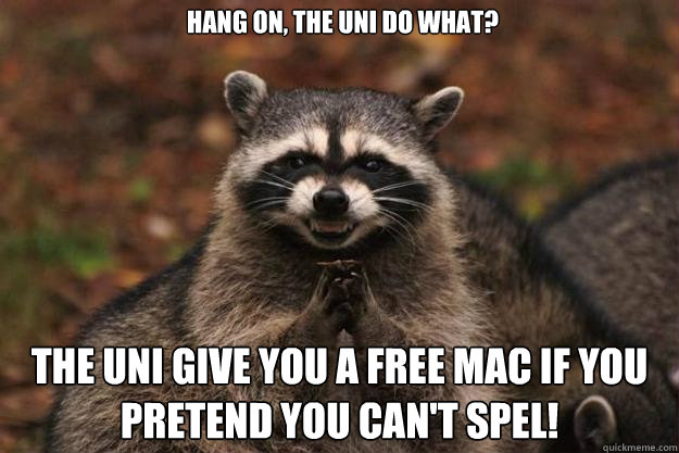 Hang on, The uni do what? The uni give you a free mac if you pretend you can't spel! - Hang on, The uni do what? The uni give you a free mac if you pretend you can't spel!  Evil Plotting Raccoon