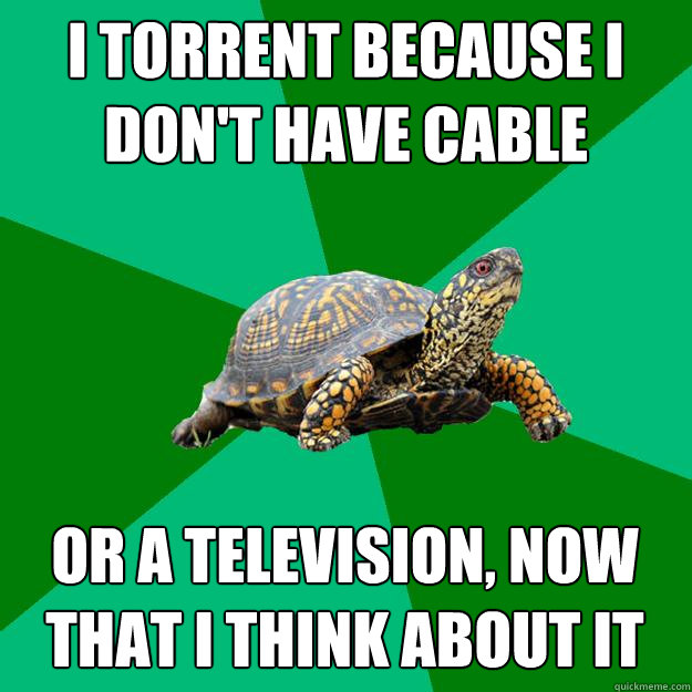 I torrent because I don't have cable or a television, now that I think about it - I torrent because I don't have cable or a television, now that I think about it  Torrenting Turtle