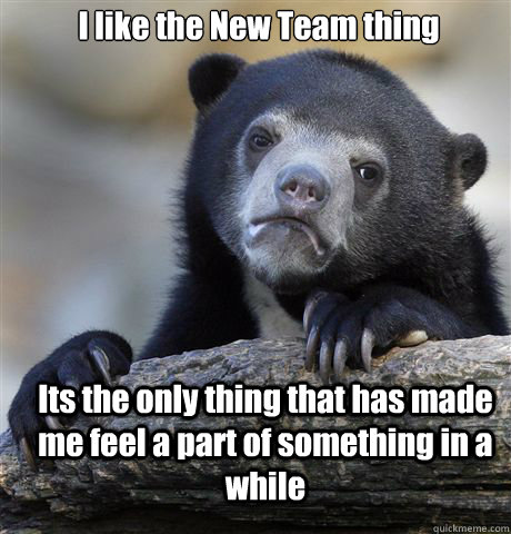 I like the New Team thing Its the only thing that has made me feel a part of something in a while  Confession Bear