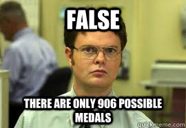 FALSE There are only 906 possible medals  