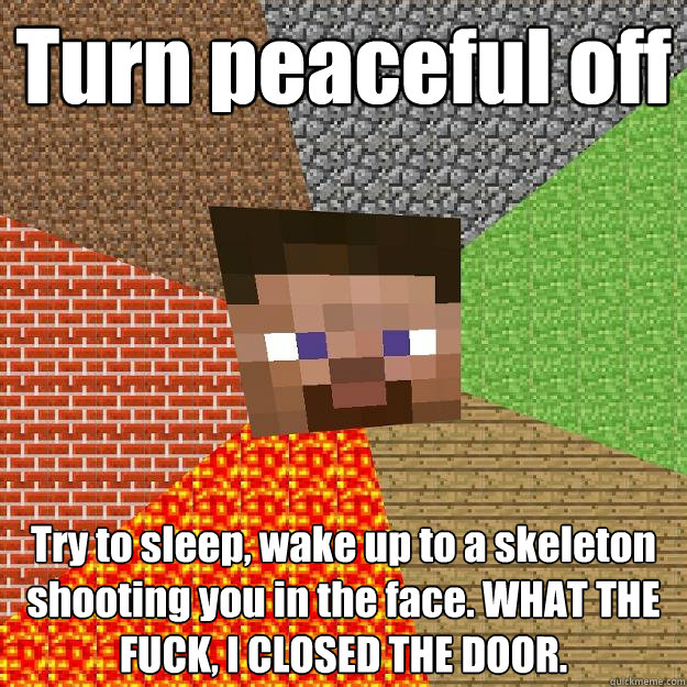 Turn peaceful off Try to sleep, wake up to a skeleton shooting you in the face. WHAT THE FUCK, I CLOSED THE DOOR.  Minecraft