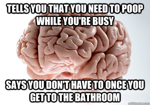 Tells you that you need to poop while you're busy Says you don't have to once you get to the bathroom - Tells you that you need to poop while you're busy Says you don't have to once you get to the bathroom  Scumbag Brain