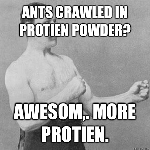 Ants crawled in protien powder?  Awesom,. More protien.  overly manly man