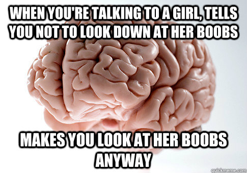 When you're talking to a girl, tells you not to look down at her boobs Makes you look at her boobs anyway   Scumbag Brain