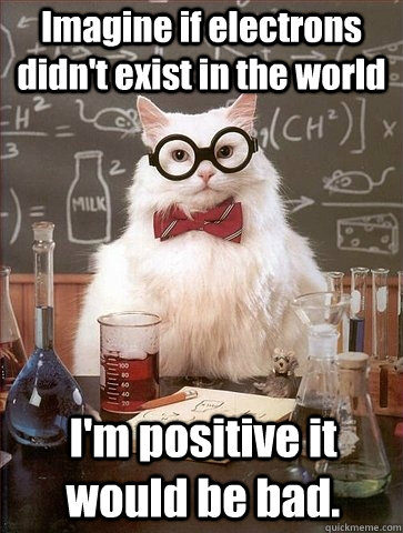 Imagine if electrons didn't exist in the world I'm positive it would be bad.  Chemistry Cat