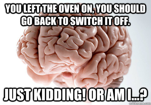 you left the oven on, you should go back to switch it off. just kidding! or am i...?  Scumbag Brain