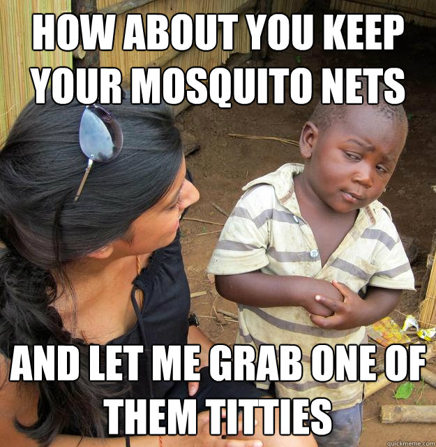 How about you keep your mosquito nets And let me grab one of them titties - How about you keep your mosquito nets And let me grab one of them titties  Skeptical Third World Child