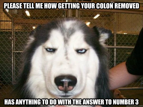 Please tell me how getting your colon removed Has anything to do with the answer to number 3 - Please tell me how getting your colon removed Has anything to do with the answer to number 3  Whenever I ask my teacher a question and she gives me her life story