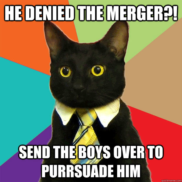 He denied the merger?! send the boys over to purrsuade him  Business Cat