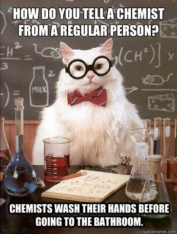 How do you tell a chemist from a regular person? Chemists wash their hands before going to the bathroom. - How do you tell a chemist from a regular person? Chemists wash their hands before going to the bathroom.  Chemistry Cat