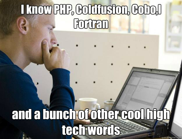 I know PHP, Coldfusion, Cobo,l Fortran and a bunch of other cool high tech words - I know PHP, Coldfusion, Cobo,l Fortran and a bunch of other cool high tech words  Programmer