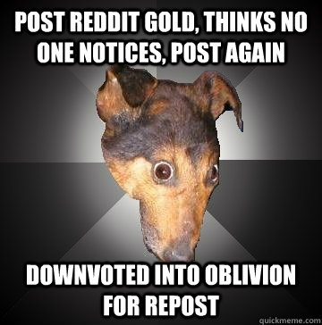 Post reddit gold, thinks no one notices, post again downvoted into oblivion for repost  Depression Dog