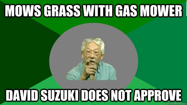 Mows grass with gas mower David Suzuki Does not approve  David Suzuki disapproval