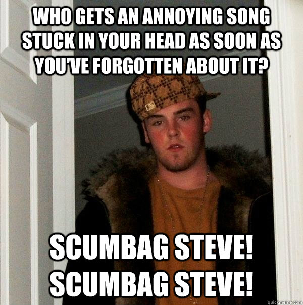 Who gets an annoying song stuck in your head as soon as you've forgotten about it? Scumbag Steve! Scumbag Steve!  Scumbag Steve