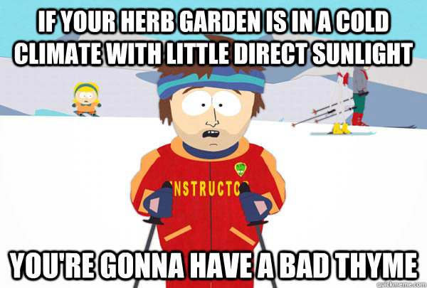 If your herb garden is in a cold climate with little direct sunlight You're gonna have a bad thyme - If your herb garden is in a cold climate with little direct sunlight You're gonna have a bad thyme  Super Cool Ski Instructor