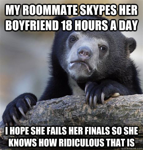 My roommate skypes her boyfriend 18 hours a day I hope she fails her finals so she knows how ridiculous that is  Confession Bear