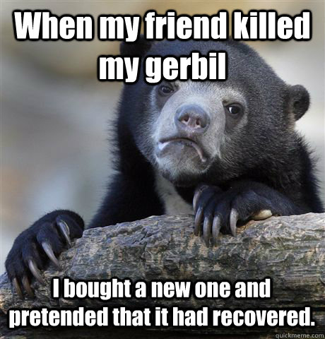 When my friend killed my gerbil I bought a new one and pretended that it had recovered.  Confession Bear