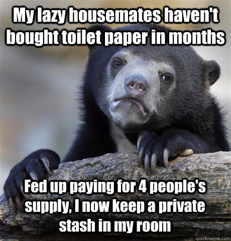 My lazy housemates haven't bought toilet paper in months Fed up paying for 4 people's supply, I now keep a private stash in my room  Confession Bear