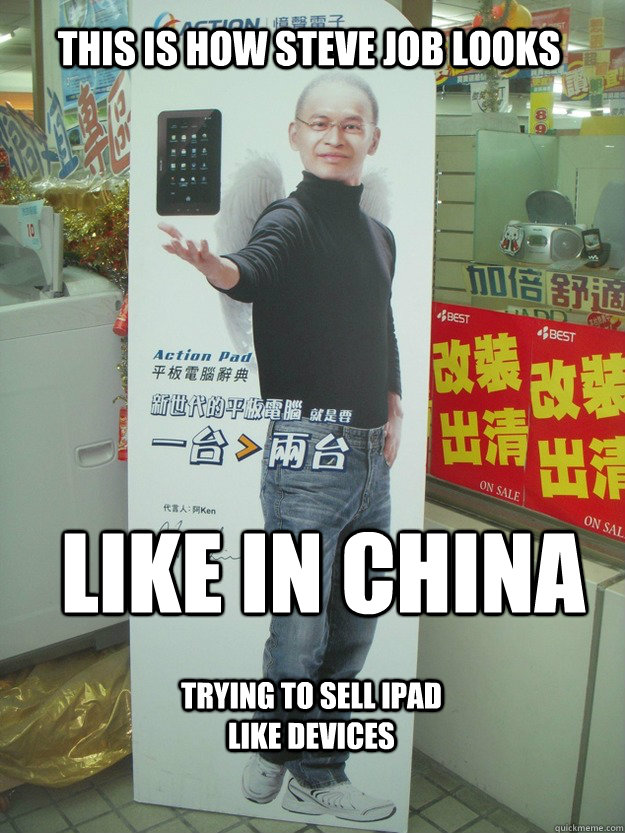 THis is how steve job looks  like in china trying to sell ipad like devices  Steve jobs