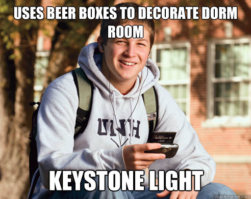 Uses beer boxes to decorate dorm room keystone light  College Freshman