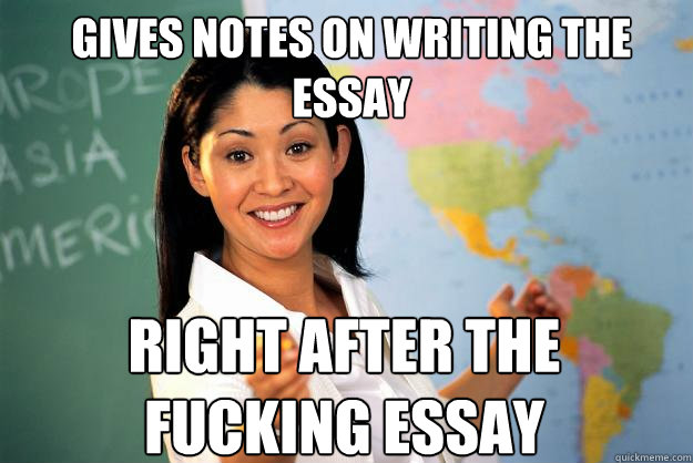 gives notes on writing the essay right after the fucking essay  Unhelpful High School Teacher