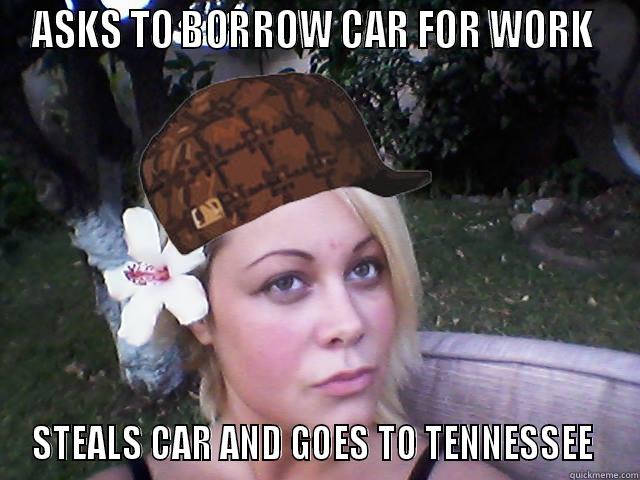 Scumbag Ashley - ASKS TO BORROW CAR FOR WORK  STEALS CAR AND GOES TO TENNESSEE  Misc