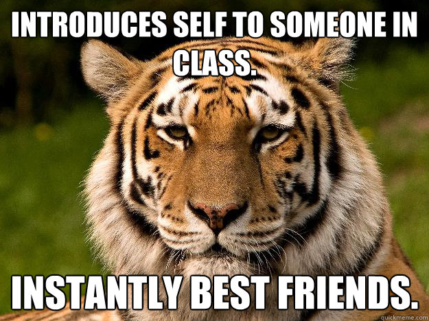 Introduces self to someone in class.  Instantly best friends.   