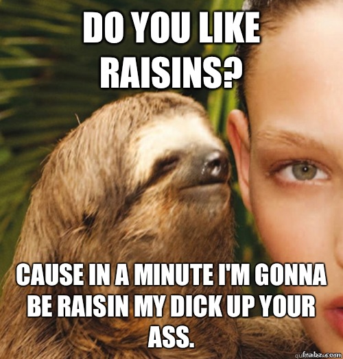 Do you like raisins? Cause in a minute I'm gonna be raisin my dick up your ass.   rape sloth