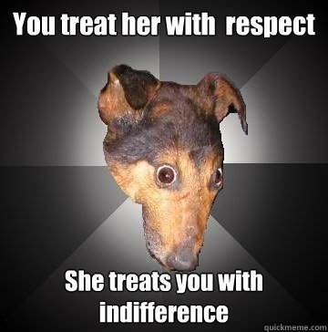 You treat her with  respect She treats you with indifference  Depression Dog