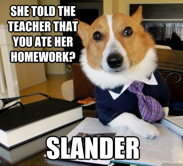 she told the teacher that you ate her homework? slander - she told the teacher that you ate her homework? slander  Lawyer Dog