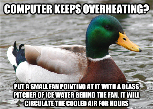 Computer keeps overheating? Put a small fan pointing at it with a glass pitcher of ice water behind the fan. It will circulate the cooled air for hours - Computer keeps overheating? Put a small fan pointing at it with a glass pitcher of ice water behind the fan. It will circulate the cooled air for hours  Actual Advice Mallard