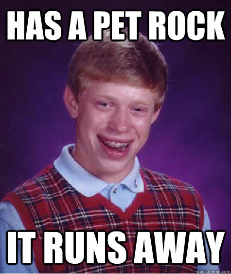 Has a Pet rock it runs away  Bad Luck Brian