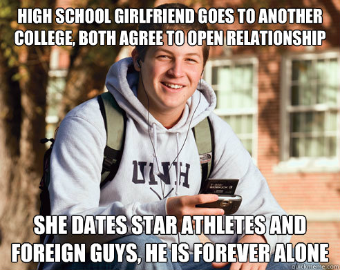 High school girlfriend goes to another college, both agree to open relationship She dates star athletes and foreign guys, he is forever alone - High school girlfriend goes to another college, both agree to open relationship She dates star athletes and foreign guys, he is forever alone  College Freshman