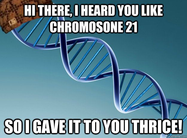 Hi there, I heard you like chromosone 21 So I gave it to you thrice!  Scumbag Genetics