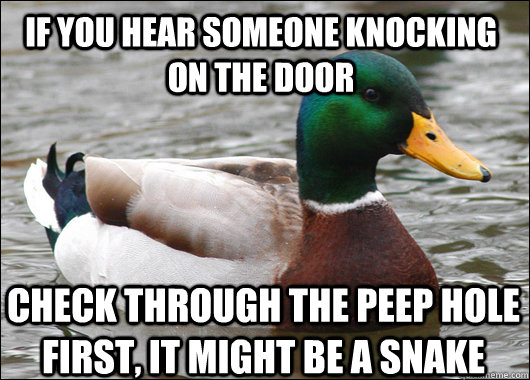 if you hear someone knocking on the door check through the peep hole first, it might be a snake  Actual Advice Mallard