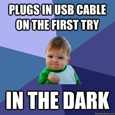 Plugs in usb cable on the first try in the dark - Plugs in usb cable on the first try in the dark  Success Kid
