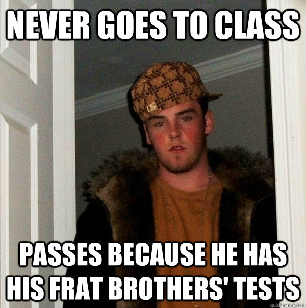 Never goes to class  passes because he has his frat brothers' tests  - Never goes to class  passes because he has his frat brothers' tests   Scumbag Steve