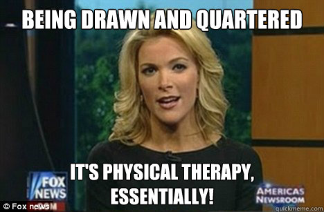 Being drawn and quartered It's physical therapy,
Essentially!  Megyn Kelly