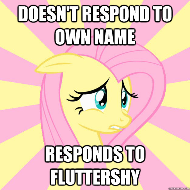 Doesn't respond to own Name Responds to Fluttershy  Socially awkward brony